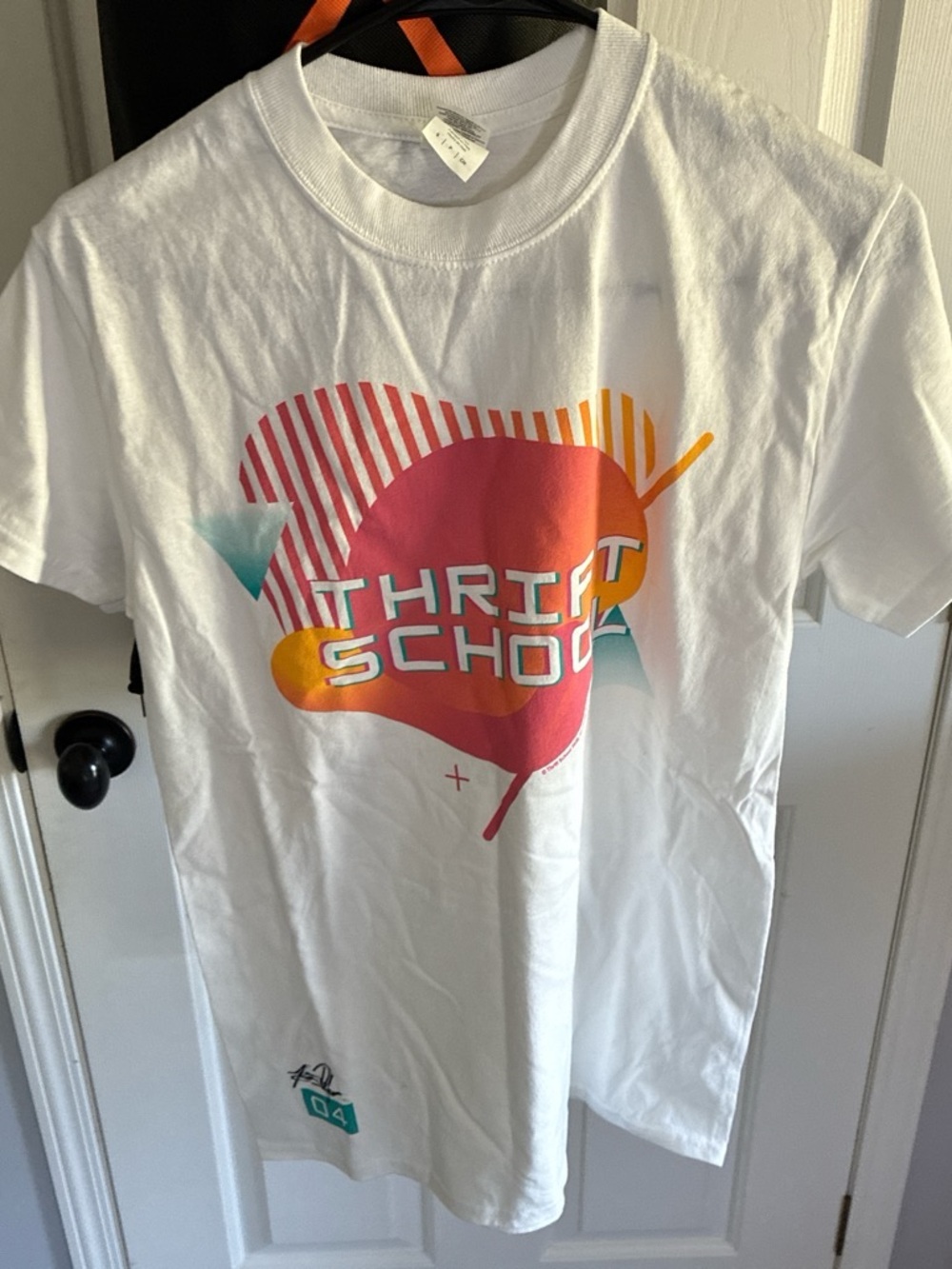 Men’s Small Thrift School Graphic Tee in White with Pink & Orange Accents Signed